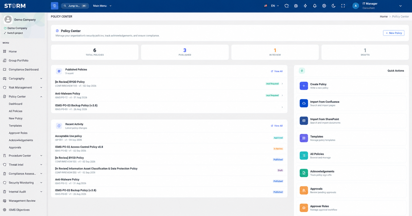 STORM Policy Center interface showing governed documentation
